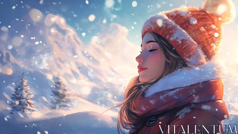 Digital painting portrait in luminous alpine winter landscape.