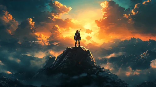 Lone skyward wanderer crowned by molten sunrise clouds.