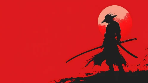 Lone shadowed samurai beneath a burning crimson sun.