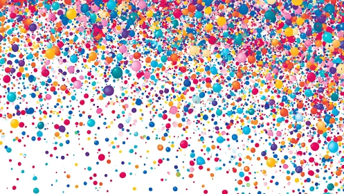 Colorful confetti spheres cascade across vivid white space.