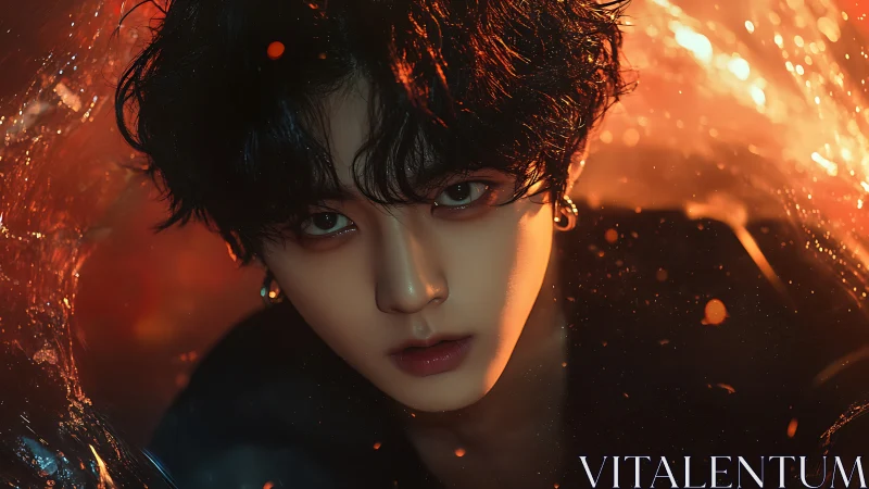 Digital portrait of youth with dark hair and orange light.