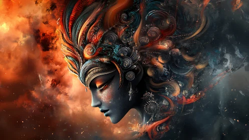Mythic profile portrait with ornate fiery abstract headdress.