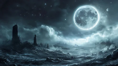 Large moon illuminates desolate rocky plain under clouds