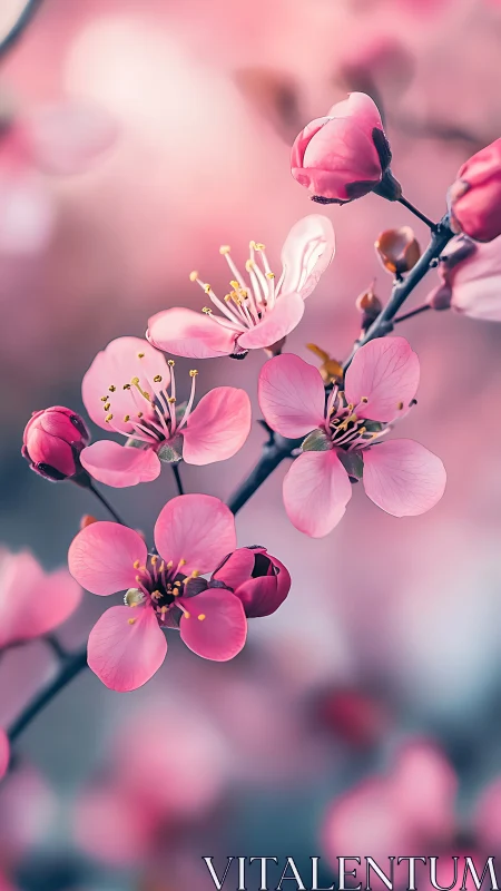 Pink flowering branch with botanical buds and open blooms.
