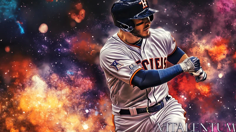 Digital painting of baseball batter amid cosmic nebula field.