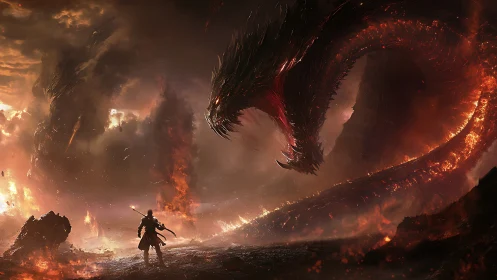 Lone warrior confronts colossal fire dragon in burning wasteland.