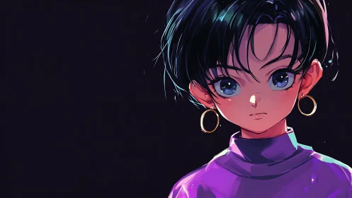 Moonlit gaze of a neon-eyed girl in amethyst turtleneck.