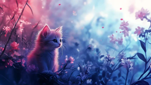 Kitten Among Blooming Flowers in Surreal Light.