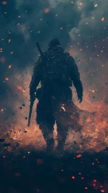 Solitary armed operative traversing incendiary battlefield environment.
