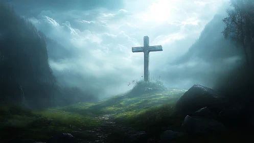 Lone stone cross rises through mist in a tranquil valley.
