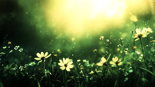 Luminous wildflower meadow under radiant golden backlight.