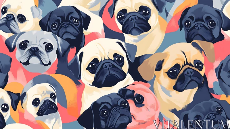Colorful pug portraits form a lively seamless pattern.
