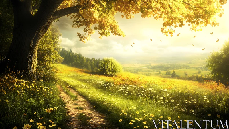 Golden meadow path beneath a welcoming summer tree.
