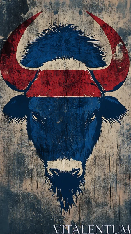 Grunge vector bison portrait with red horn banding symmetry.