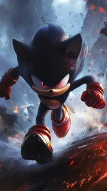 Shadow-streaked speedster charges through molten stormscape.