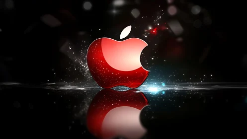 Glossy red apple emblem with luminous splash effects.