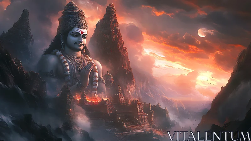 Majestic mountain deity watching over a fiery twilight realm.