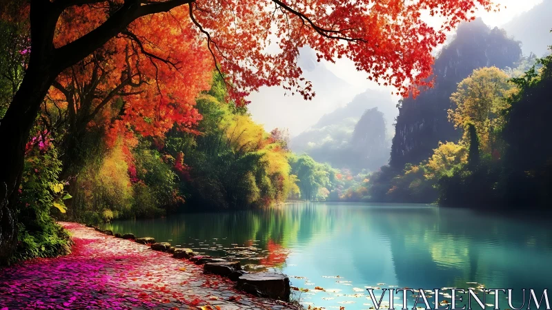 Autumn riverbank glows beneath misty forested mountains.