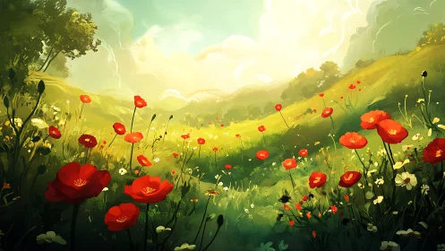 Poppy-dusted dream valley under sun-drenched summer skies.