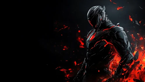 Armored futuristic warrior in red fire fragments.