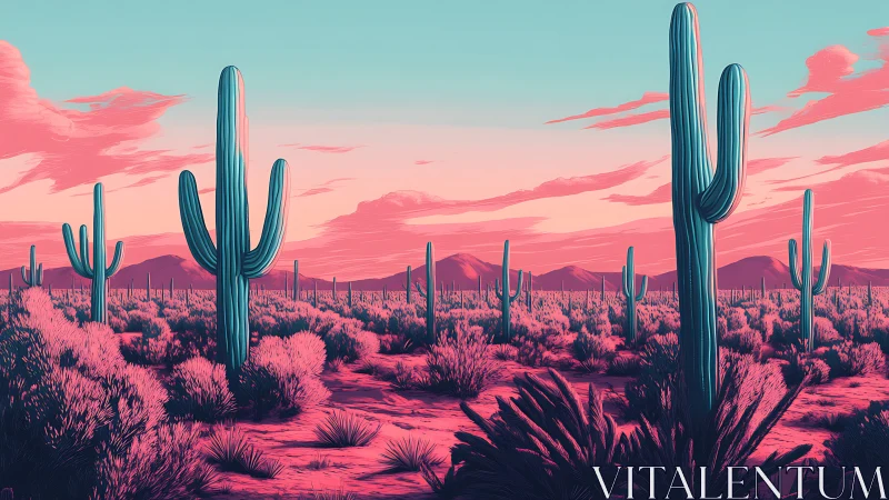 Stylized desert landscape presents cacti under gradient sky