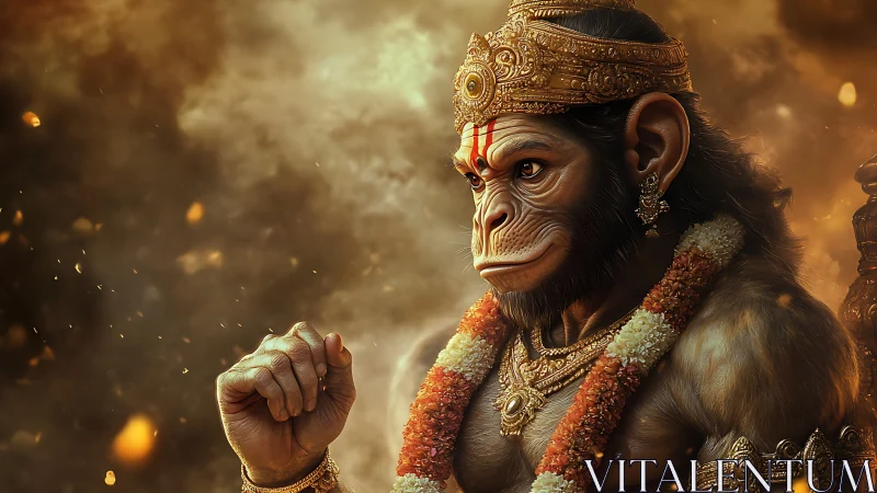 Divine simian warrior rests in swirling embers of devotion