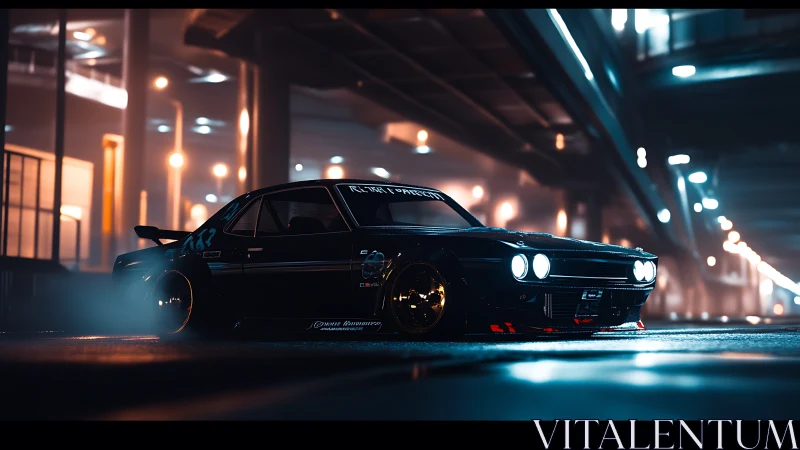 Modified classic coupe in night urban parking structure.