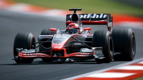 Formula racing car on asphalt circuit during track session.