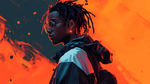 Neon ember drifter in streetwear glow against painted fire.