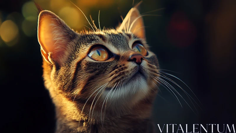 Tabby Cat Gazing Upward with Golden Hour Lighting.