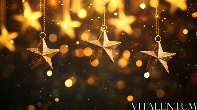 Glittering hanging star ornaments in warm festive bokeh.
