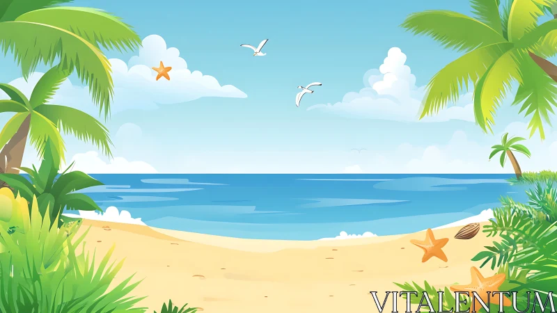 Tropical Beach Paradise with Palm Trees and Ocean Horizon.