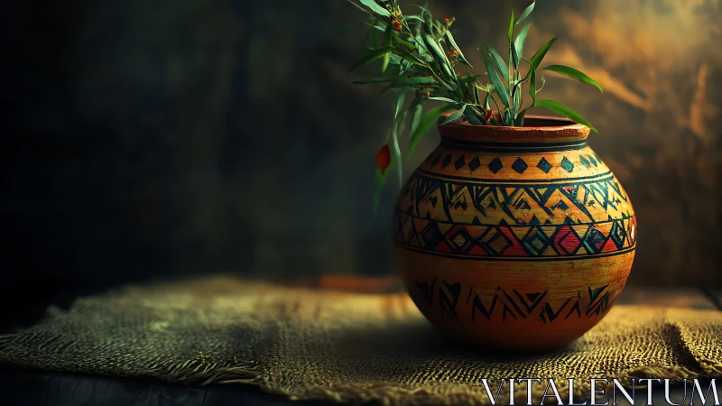 Decorated clay pot with foliage rests on rough woven mat