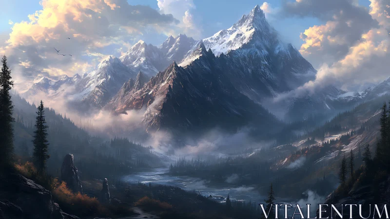 Digital painting of alpine valley with glacial mountain massif.