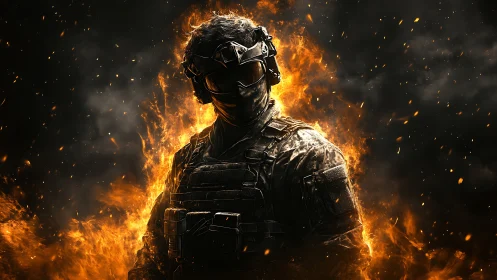 Armored soldier stands in blazing fire and heavy smoke.