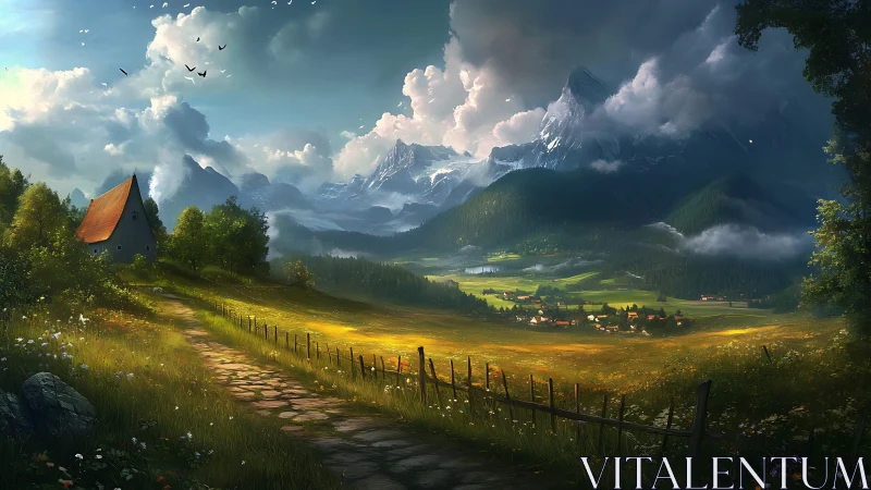 Sunlit mountain valley path leading toward a quiet village.