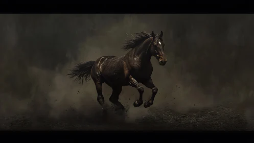 Dark horse in lateral motion across dim landscape.