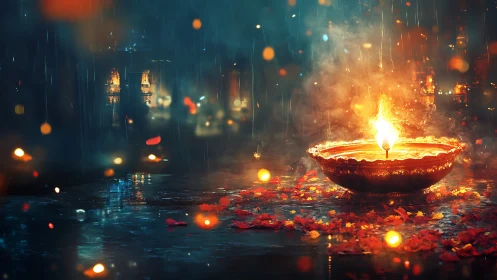 Large metal oil lamp burns on wet ground amid scattered leaves