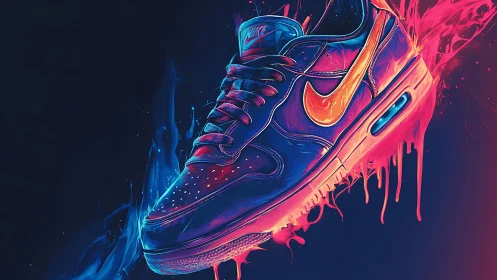 Neon sprint sneaker melting through electric cosmic paintstorm.