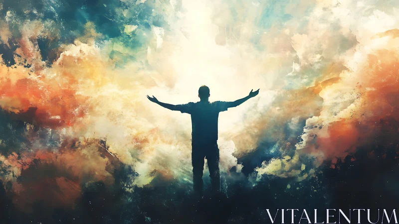 Silhouette greets radiant cosmic sky in swirling color storm.