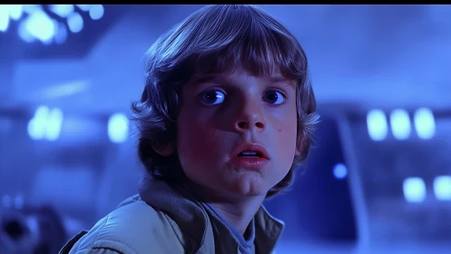 Young Character in Blue-Tinted Spaceship Environment