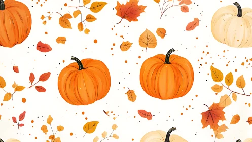 Cheerful pumpkins and autumn leaves dance across white