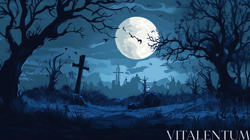 Graveyard landscape under full moon with distant town silhouette.