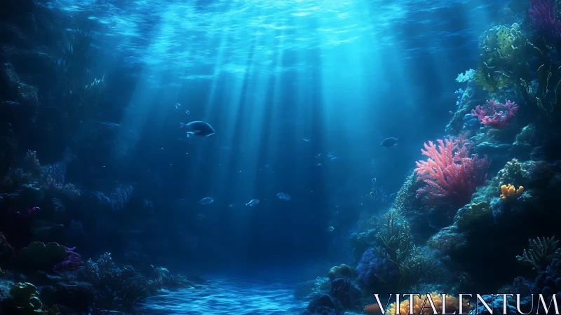 Sunlit underwater reef landscape with coral and fish life.