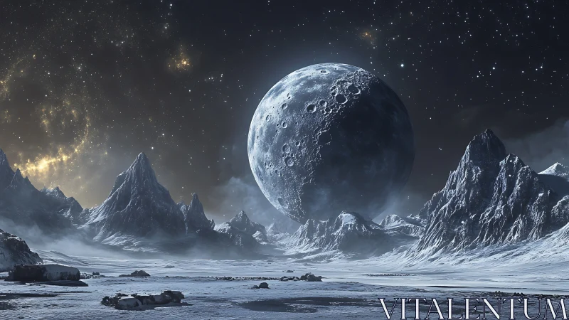 Frozen alien valley under looming cratered moonrise