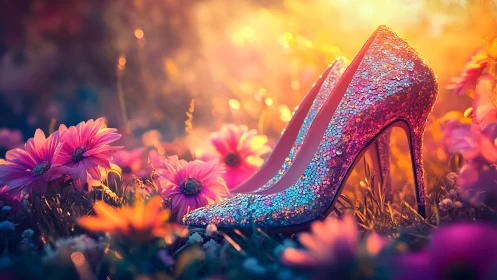 Glittering high heels bloom like jewels in a sunset meadow.