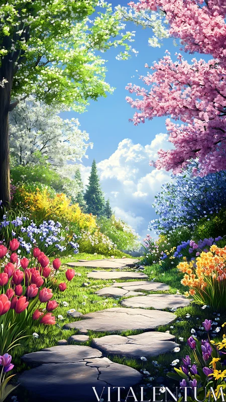 Spring stone path through vivid flower garden in sunlight.