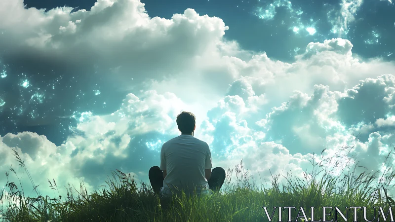 Quiet hilltop daydream under glowing celestial clouds.