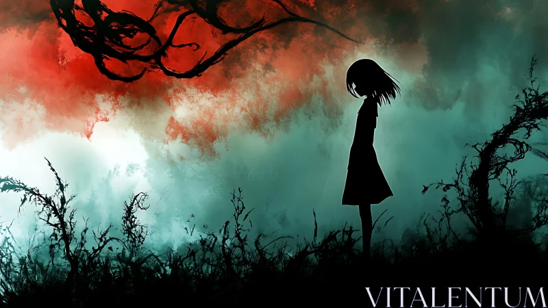 Silhouetted girl confronts crimson storm over twisted field.