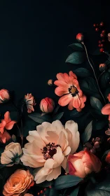 Nocturnal Bloom Symphony: Coral Petals Dance in Shadows.